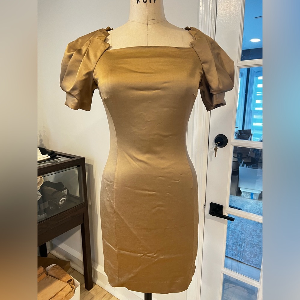Gold Satin Cocktail Tucked Puff Sleeve Mini Dress
